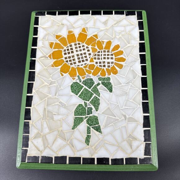 Yellow/Green Sunflower Mosaic Trivet, Handmade Ceramic Tile Wood Board - Picture 1 of 11